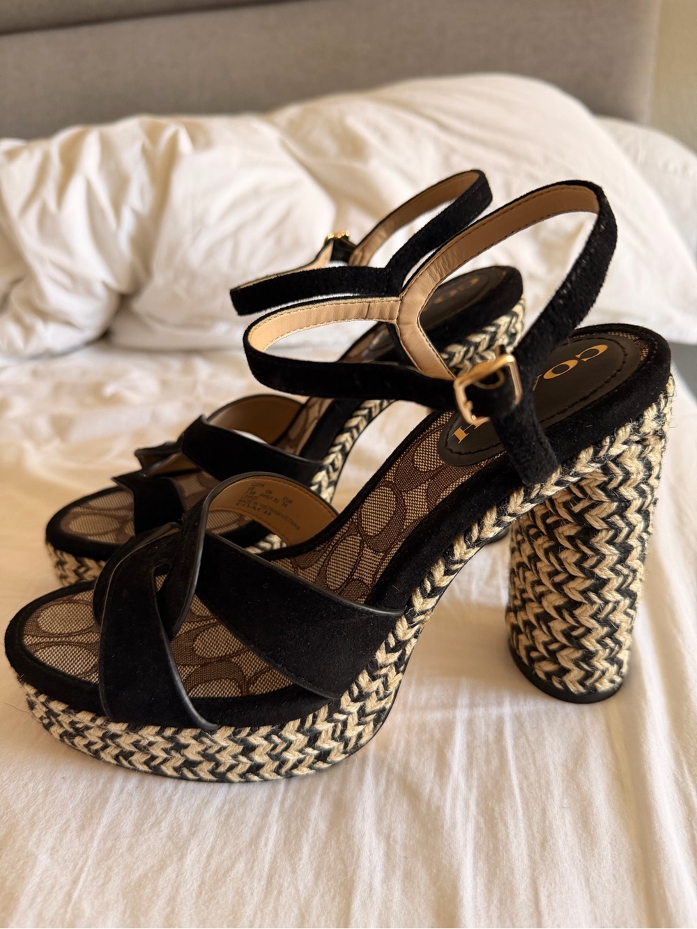 COACH Talina Platform Sandal Black Strap Platform Heels with Braided Jute